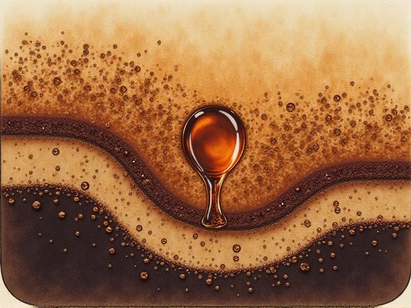 A magnified cross-section of a coffee puck showing water pathways during pre-infusion. The image uses soft gradients of brown and gold to illustrate porous grounds, with tiny bubbles representing trapped gases escaping. A scientific diagram style emphasizes the physics of water dispersion.