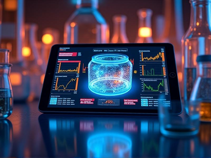 A futuristic digital dashboard on a tablet showing real-time fermentation metrics: oscillating graphs for temperature and dissolved oxygen, a 3D rendering of a bioreactor, and alerts in green and red. The background features blurred lab equipment with a neon blue accent glow, symbolizing data-driven decision-making.