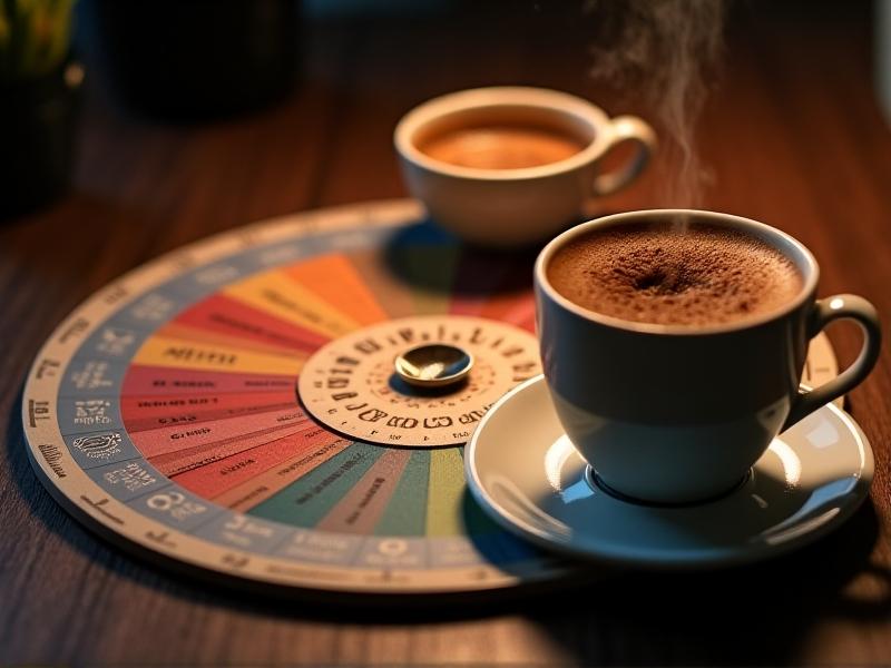 A circular coffee flavor wheel sits beside a cupping spoon and steaming cup. The wheel's vibrant segments range from 'Citrus' to 'Caramel,' with a judge's finger tracing the 'Floral' section. Warm light enhances the rich brown hues of the coffee.