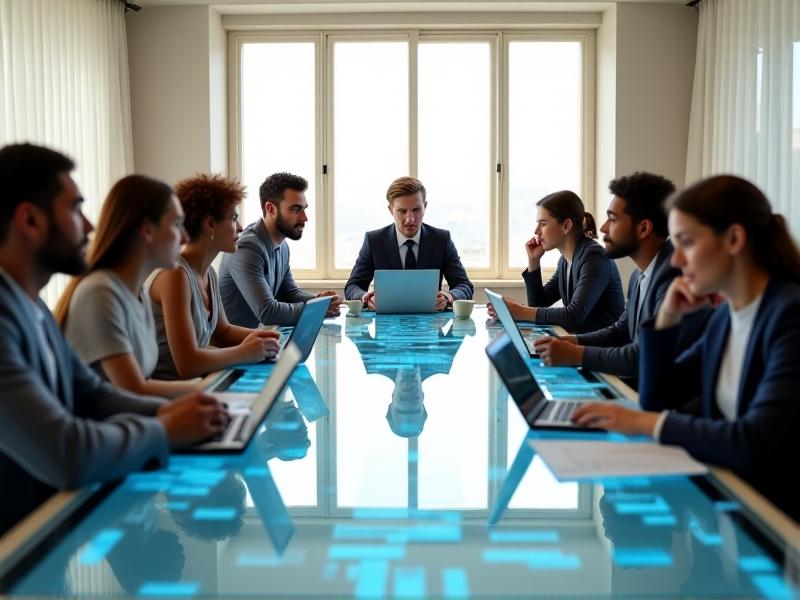 A diverse team in a modern office analyzing charts and documents on a glass table, with laptops and coffee cups nearby. Natural light streams through large windows, casting soft shadows and creating a focused, professional atmosphere. The minimalist decor features neutral colors with accents of blue, symbolizing clarity and strategic planning.
