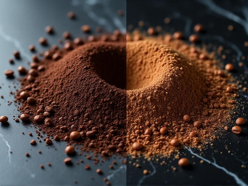 Side-by-side images of coffee grounds: one uneven with large and tiny particles, and another uniform and fine, placed on a black marble counter. A silver grinder sits in the background under soft, diffused light.