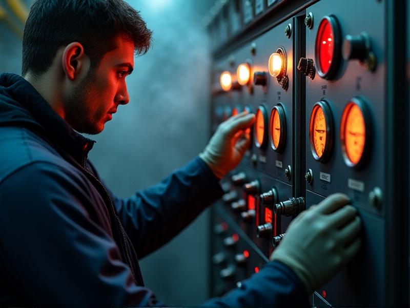 A technician adjusts a PID control panel with metallic knobs and LED-lit sliders in a dimly lit factory. Close-up of their gloved hands turning a large red gain adjustment dial, surrounded by analog gauges showing pressure and temperature. Hazy steam rises from machinery in the background, illuminated by flickering fluorescent lights.