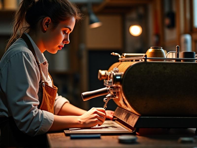 A technician's hands replacing a group head gasket using a screwdriver on a vintage espresso machine. Warm ambient lighting highlights copper accents and the focused motion of the tool. The workspace includes a cloth, lubricant, and a new gasket nearby.