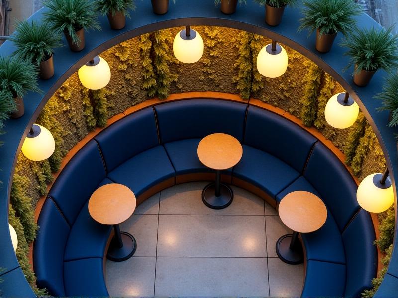 A bird’s-eye view of a café with modular furniture: semi-circular booths upholstered in navy fabric, freestanding plant dividers, and suspended felt pods, creating distinct acoustic zones under warm, diffused lighting.