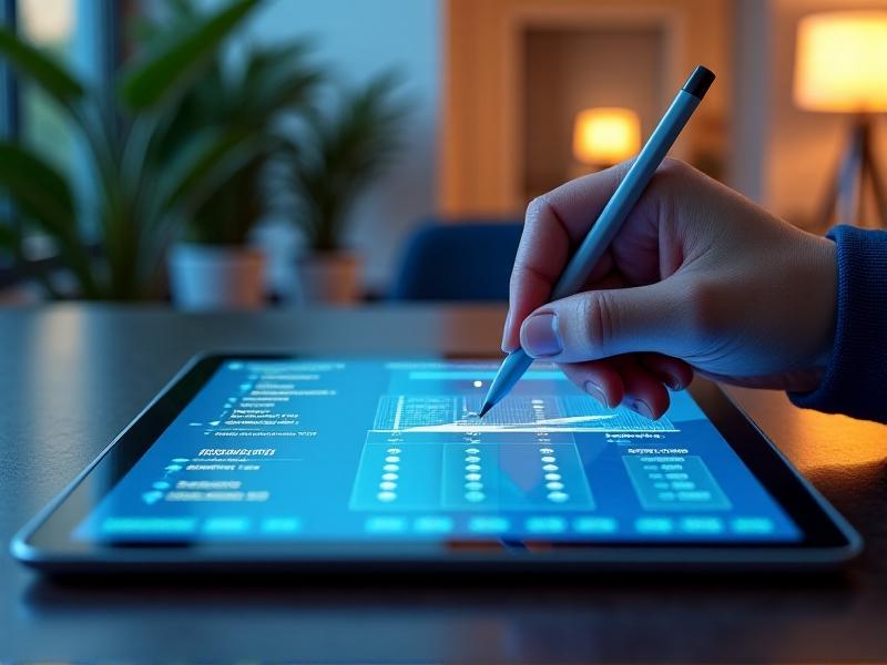 A sleek digital interface of a pouring interval calculator on a tablet. Input fields for temperature, material grade, and thickness are highlighted, with a graph displaying interval recommendations. A hand with a stylus taps the screen, reflecting a modern, user-friendly design in a bright office setting.