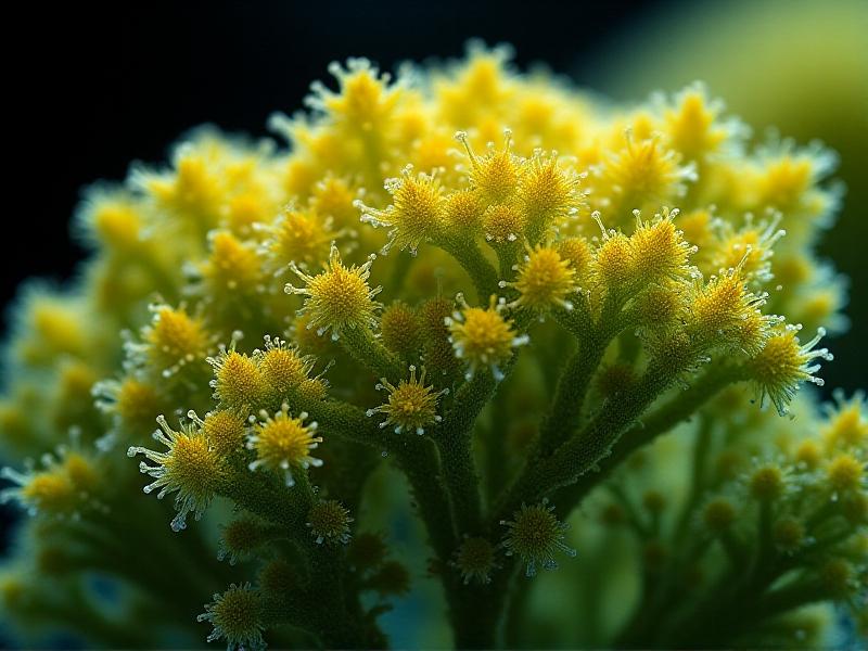 A highly detailed microscopic view of Aspergillus flavus mold colonies, showcasing the intricate fungal structures in vibrant green and yellow hues against a dark background, illuminated by precise laboratory lighting.