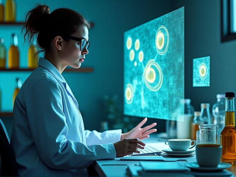 A microbiologist in a lab coat reviewing a holographic fermentation data visualization, with floating graphs and a rotating 3D yeast cell model. The room has soft blue ambient lighting, shelves with sample jars, and a cluttered desk with a coffee cup, blending human expertise with digital tools.