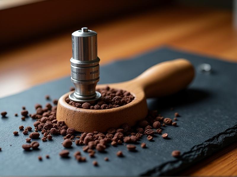 A wooden distribution tool, a metal WDT needle, and a calibrated tamper arranged on a slate surface. Coffee grounds are scattered around the tools, with shallow depth of field highlighting their textures under bright café lighting.