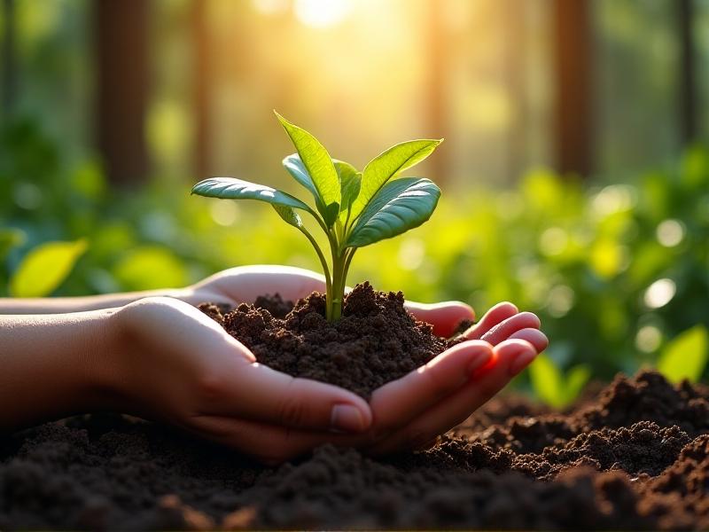 A pair of hands cradles rich, dark soil with young coffee plants sprouting. Sunlight filters through a forest canopy in the background, symbolizing sustainable farming. Earthy textures and vibrant green leaves dominate, evoking growth and ecological harmony.