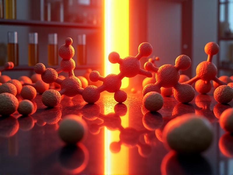 An annotated 3D molecular model of coffee compounds fading under UV beams, with chlorogenic acid structures turning crimson as they break down, contrasted against stable caramel-colored melanoidins in a dynamic laboratory visualization.