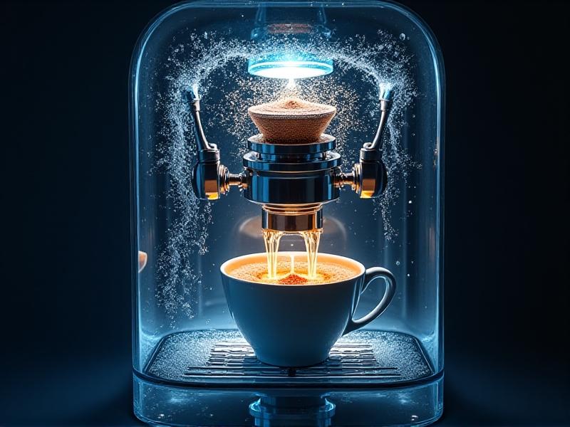 A dynamic cutaway view of an espresso machine in operation. Pressurized water (depicted as white-blue jets) forces through a compacted coffee puck, extracting dark liquid into a cup below. Sparks of energy and swirling particles emphasize turbulence. The machine’s metallic parts gleam under cool LED lighting, contrasting with the warm hues of extracted coffee.