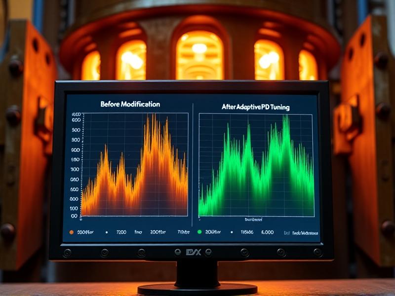 A split-screen comparison of two temperature graphs on a ruggedized industrial monitor. The left side shows erratic orange spikes labeled 'Before Modification,' while the right displays a smooth green curve titled 'After Adaptive PID Tuning.' Steel machinery with glowing heating elements dominates the background, emitting a warm amber haze.