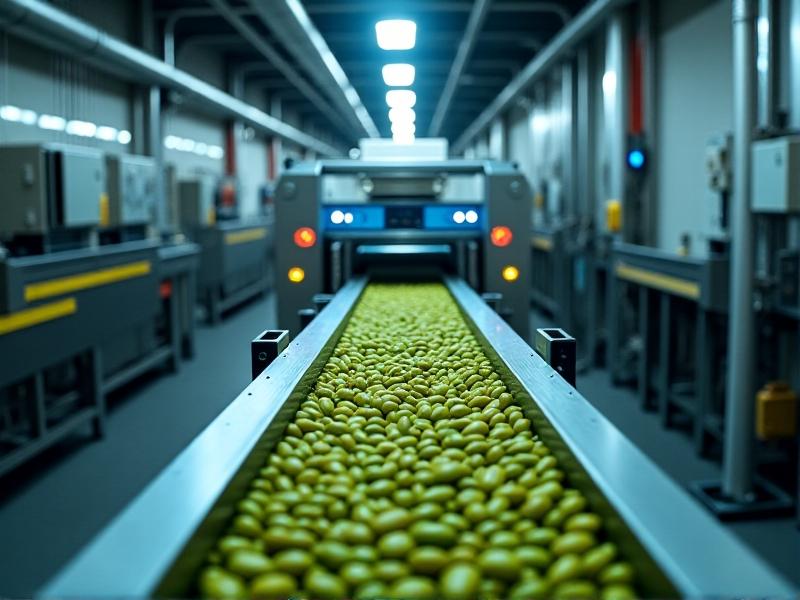 A modern high-resolution image of an electronic color sorting machine in a coffee processing facility, with beans moving rapidly on a conveyor belt under bright LED lights, showcasing advanced technology used to detect and remove defective beans.