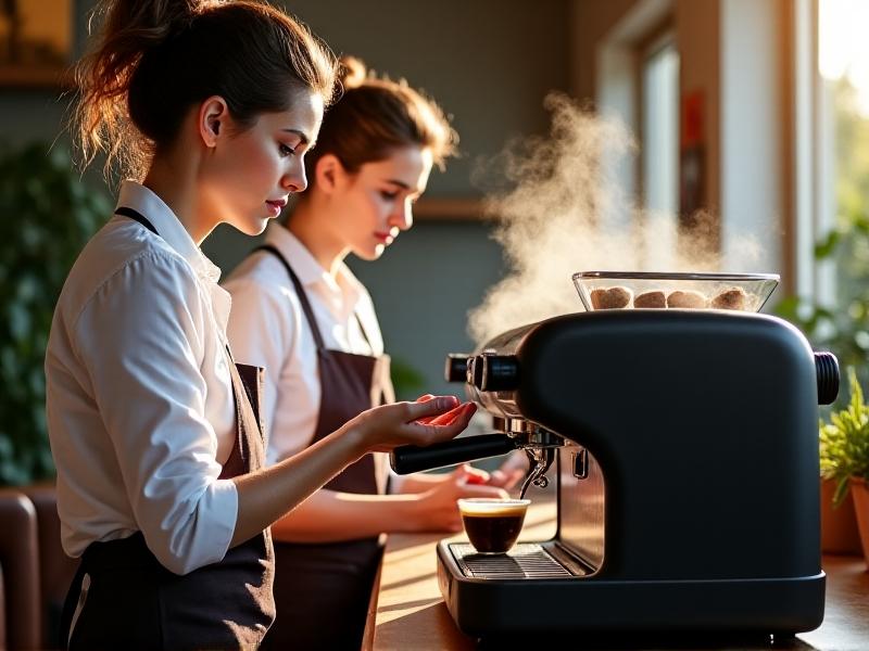 A seasoned barista mentors a trainee, guiding their hands on an espresso machine. Steam wisps curl around their focused faces, with close-ups of a timer and scale reading 20 seconds and 36 grams. Earthy tones and diffuse lighting evoke a workshop atmosphere.