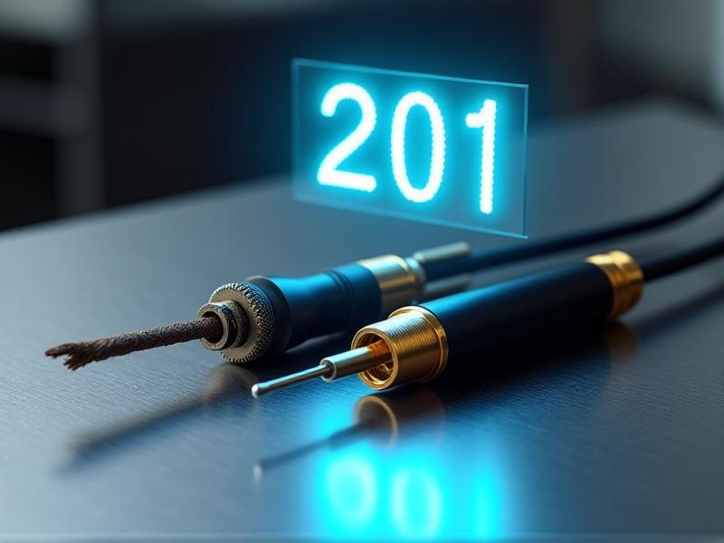 A side-by-side comparison of old and new temperature sensors on a stainless steel workbench. On the left, a corroded thermocouple with frayed wires lies next to a modern fiber-optic probe with a sleek black housing and gold-plated connectors. A holographic display hovers above, showing real-time accuracy metrics in neon blue digits.