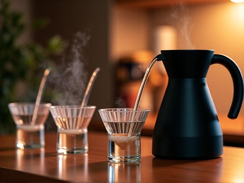 Three modern gooseneck kettles (matte black, brushed copper, and polished silver) sit side-by-side on a maple wood counter. Each pours a consistent water stream into transparent V60 cones, with steam rising gently under warm studio lighting that accentuates material textures and water clarity.