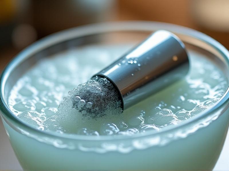 A disassembled steam wand tip soaking in a glass bowl filled with bubbly cleaning solution. Close-up view shows rising bubbles interacting with dissolved residue, with soft bokeh highlights in the background suggesting a home kitchen setting.