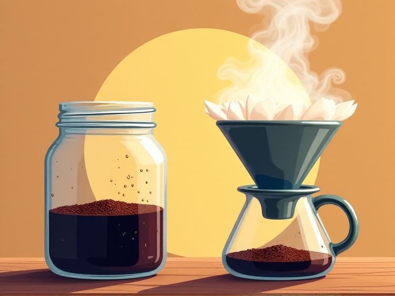 Side-by-side illustration of a cold brew setup and a pour-over coffee maker. The cold brew features a mason jar with coarse grounds and cold water, while the pour-over shows steam rising from hot water. Stylized with warm and cool color contrasts.