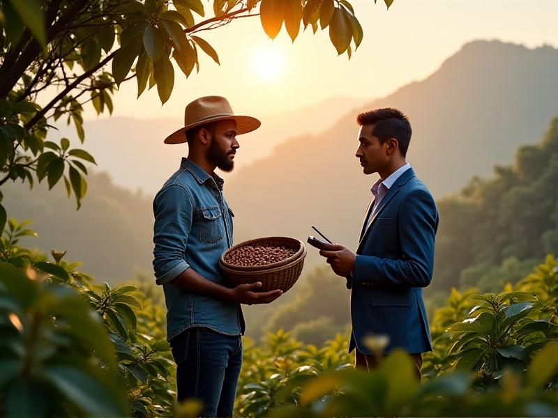 A candid photo of a business professional and a coffee farmer smiling and conversing in a lush green plantation. Misty mountains loom in the background, with warm sunlight filtering through the trees. The farmer holds a basket of fresh beans, while the executive takes notes, symbolizing mutual respect and shared goals.