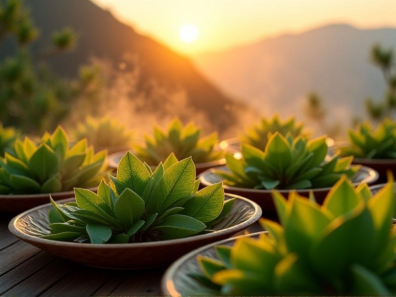 A time-lapse sequence of tea leaves transitioning from vibrant green to deep amber on bamboo trays, with steam rising in a Taiwanese tea workshop. Soft focus on dew-covered leaves, backdrop of foggy mountains, and warm golden hour lighting enhancing the oxidation gradient.
