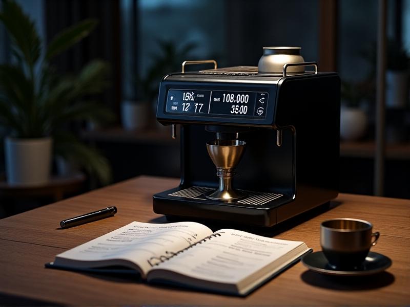 A lab-style espresso setup: digital scale with timer, naked portafilter atop a matte black machine, and a notebook logging weights and times. Soft ambient light casts subtle shadows, emphasizing precision and methodology.