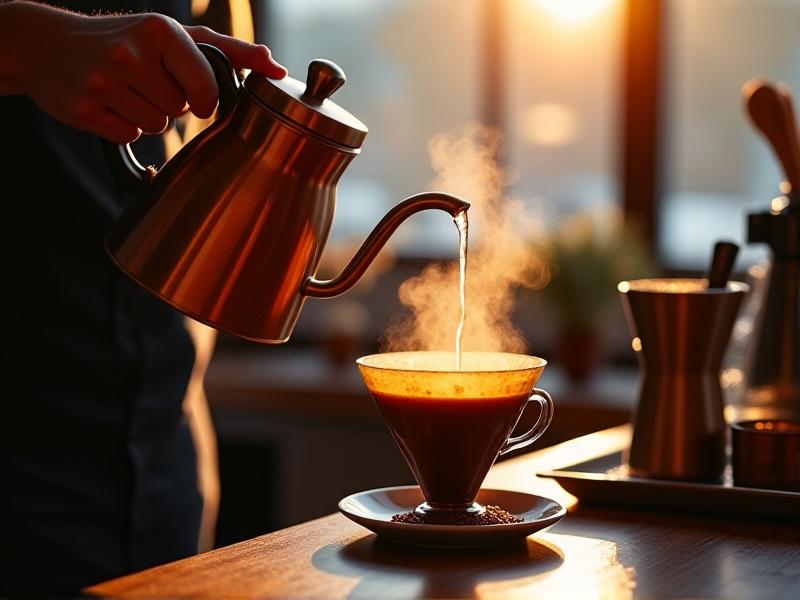 A barista’s hand pouring water from a copper gooseneck kettle in a tight spiral over a coffee dripper. Steam rises as water hits grounds, captured in mid-motion. Sunlight filters through a café window, creating a warm, focused atmosphere.