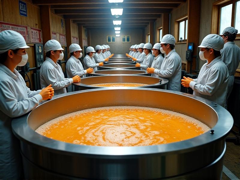 A stainless-steel fermentation tank in a brewery, with amber liquid swirling inside as CO2 bubbles rise to a frothy surface. Workers in hygienic gear monitor touchscreens while soft daylight filters through frosted windows. The scene blends traditional craftsmanship with automation.