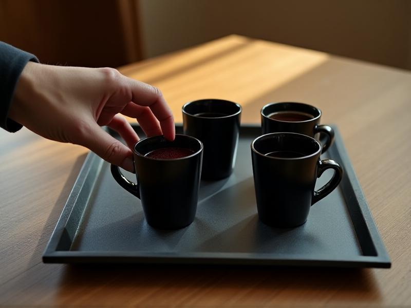 A row of identical black cups filled with varied liquids—coffee, wine, and tea—on a slate gray tray. A hand lifts a cup to lips, with blurred background elements suggesting a focused, minimalist setting. Soft shadows and neutral tones highlight the ritualistic nature of blind tasting.