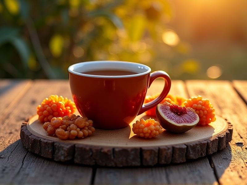 A rustic wooden table holding a cup of natural-processed Brazilian coffee with a deep amber hue, surrounded by dried apricots, raisins, and figs, with warm sunset lighting enhancing the rich, syrupy texture and fermented fruit aromas.