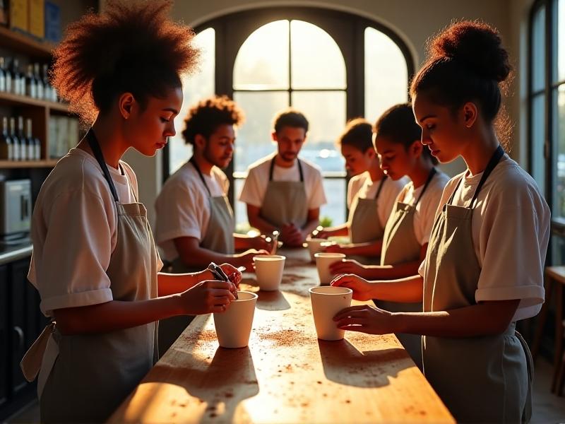 Diverse barista team participating in a workshop, practicing latte art on wooden tables adorned with coffee stains and scattered cocoa powder. An instructor demonstrates milk steaming techniques as afternoon sunlight streams through large café windows, fostering a collaborative learning environment.