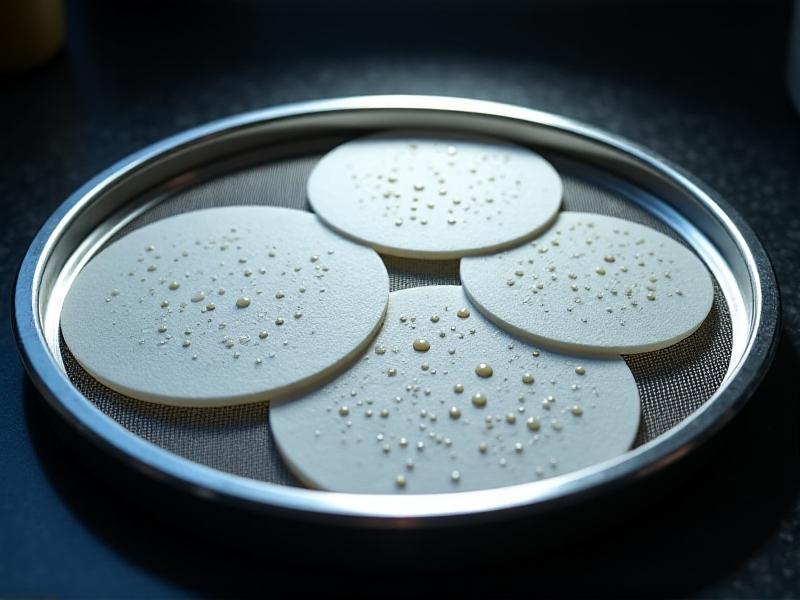 Three circular filter papers—cellulose (creamy white), glass microfiber (glossy white), and PTFE (translucent)—placed on a stainless steel sieve. Droplets of water and oil bead on their surfaces under dramatic angled lighting.
