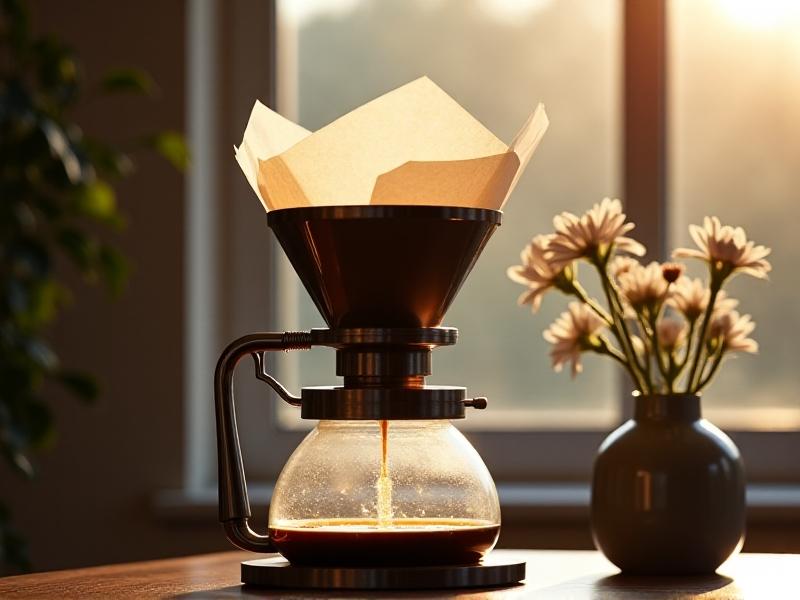 A crisp white paper filter positioned inside a siphon coffee maker’s upper chamber, with golden coffee drips visible through the translucent material. Morning light streams through a nearby window, emphasizing the simplicity and minimalist aesthetic of paper-based brewing.