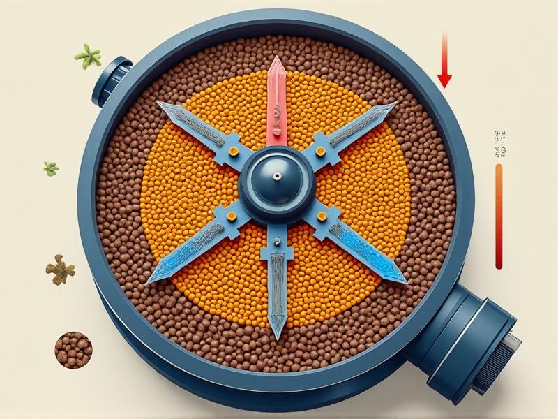 An annotated cross-sectional diagram of a coffee roaster drum with color-coded heat zones: blue airflow arrows interacting with yellow bean mass, red thermal sensors, and gradient pressure indicators. Scientific illustration style with clean lines, a neutral background, and insets showing molecular changes during roasting stages.