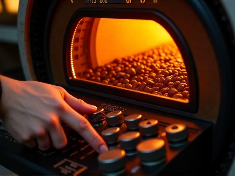 A close-up of a coffee roaster's control panel with dials for airflow and gas settings, plus a digital timer. The roaster's hands adjust a knob, blurred in motion, while glowing orange hues from the drum illuminate the controls. Coffee beans are visible through a small glass window on the roasting chamber.