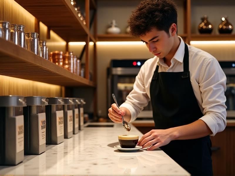 A contemporary coffee bar in Istanbul with minimalist design. A young barista in a black apron layers coffee foam using a metal spoon over a glossy marble counter. Behind them, shelves display copper cezves alongside digital scales and bags of single-origin beans, blending tradition and modernity.