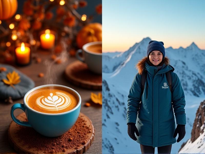 A split-screen image: left shows a barista handing a pumpkin-spice latte amid fall décor, right displays a hiker in layered clothing on a snowy mountain peak. Warm vs cool lighting contrasts, with brand logos subtly embedded in the scenery. Focus on tangible customer experiences driven by seasonal strategies.