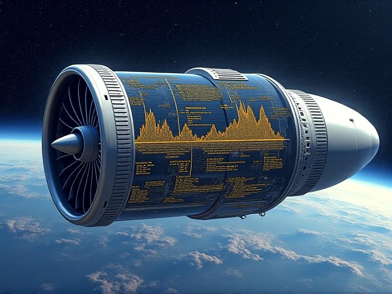 A technical illustration of a jet engine cross-section with overlay graphs showing air intake efficiency versus altitude. Annotations in yellow text explain turbulence effects at low density. The background features a starry sky fading into earth’s atmosphere, emphasizing high-altitude engineering challenges.
