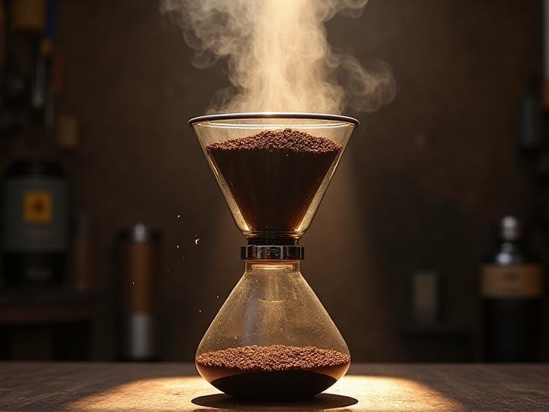 A gleaming stainless steel mesh filter resting in a siphon coffee maker, surrounded by dark coffee grounds. Overhead lighting casts sharp reflections on the metal, while steam curls upward from the glass vessel, creating a contrast between industrial durability and delicate brewing processes.
