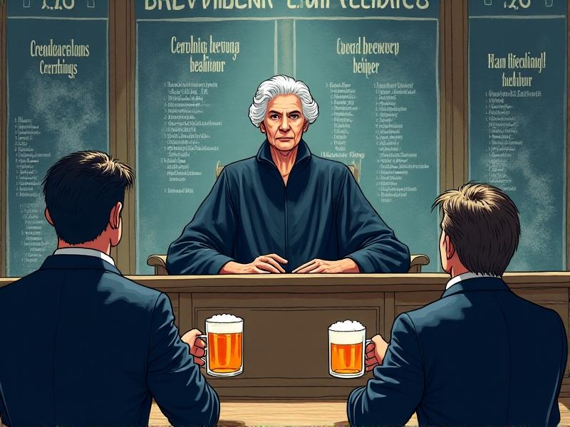 A digital illustration of a courtroom scene: a judge in a black robe presides over a brewing-themed dispute, with lawyers holding mugs of beer and chalkboards displaying recipe diagrams. The sketch uses muted grays and blues, with dramatic lighting highlighting the tension between creativity and legality.