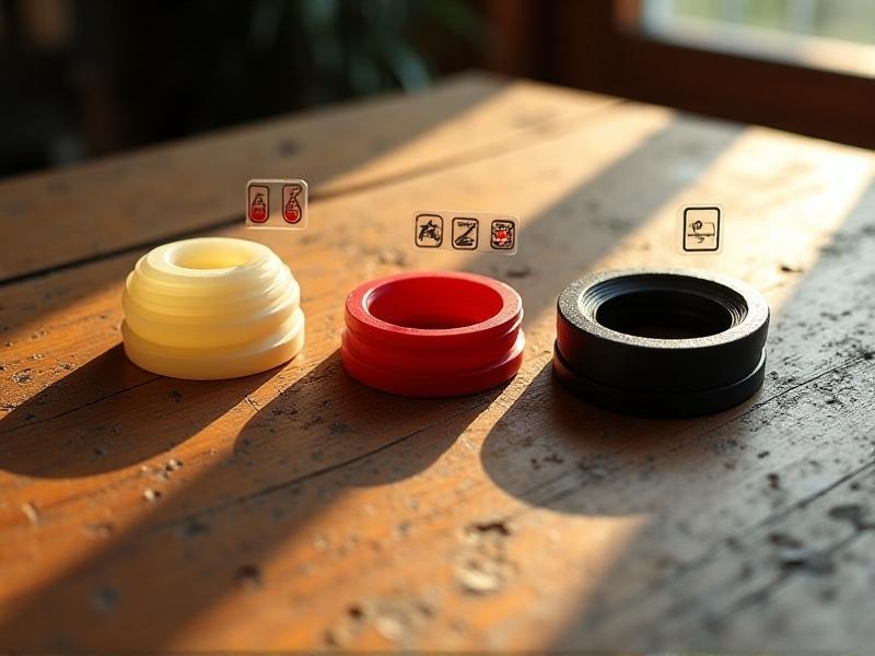 Three gasket materials displayed on a wooden table: natural rubber, red silicone, and black viton. Each is labeled with icons indicating heat resistance and durability. Sunlight from a nearby window casts soft shadows, emphasizing material textures.