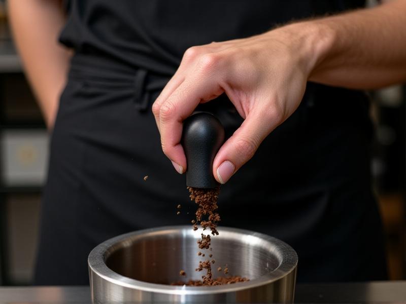 A close-up of a matte-black knock bar with a 15-degree downward angle, mounted on a brushed aluminum knock box. A barista’s hand, wearing a black apron, demonstrates a firm yet relaxed grip. Shadows emphasize the ergonomic curve, while coffee grounds scatter into a removable stainless steel bin below.