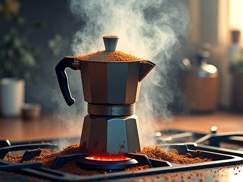 A close-up of an aluminum Moka Pot on a gas stove flame, with coffee grounds overflowing from the filter basket into the upper chamber. Steam violently escapes from the safety valve, surrounded by spilled coffee residue and a blurred kitchen environment with anxious hands adjusting the heat.