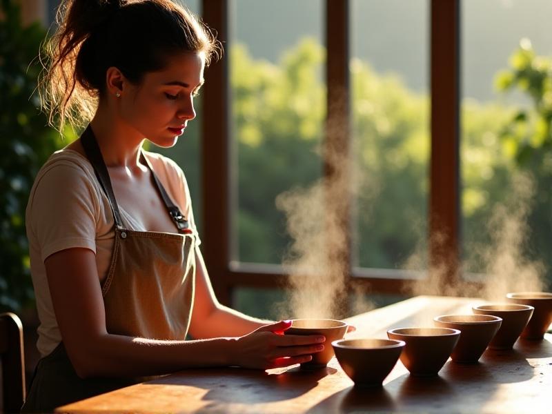 A close-up of a coffee cupping session: rustic wooden table with an array of ceramic bowls filled with freshly brewed coffee, steam rising gently, a coffee professional in a neutral-toned apron evaluating aroma with eyes closed, natural light streaming through large windows overlooking a verdant plantation. Earthy textures and warm brown tones evoke a sense of craftsmanship and tradition.