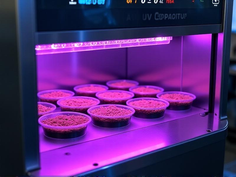 A stainless steel UV exposure chamber filled with petri dishes of ground coffee, emitting soft violet light through safety glass, with digital timers and spectral wavelength displays visible on the control panel.