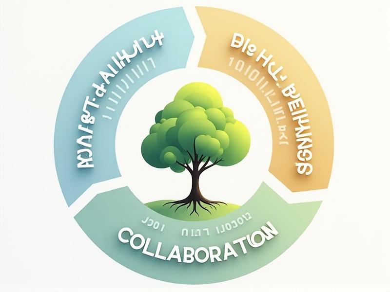 A circular diagram divided into three segments labeled 'Adaptability,' 'Data-Driven,' and 'Collaboration.' Each segment contains icons symbolizing gears, charts, and teamwork. The center features a tree with roots shaped like binary code, representing growth through structured innovation. Soft pastel backgrounds with sharp, modern lines.